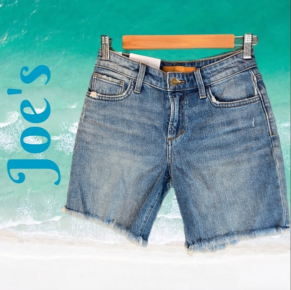 Joe's The Lara Bermuda Vintage Stretch Shorts Sz 24 Blue Distressed Raw Hem - Picture 1 of 11